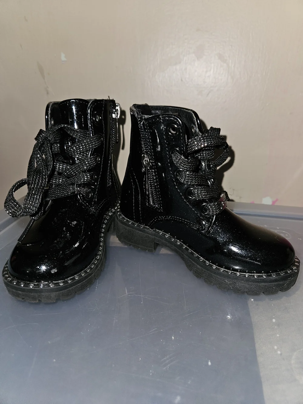 Kids Black Patent Lace-Up Boots